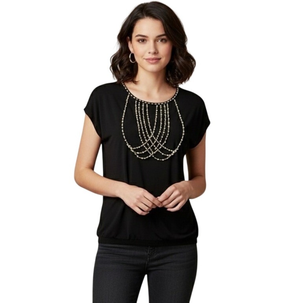 Women's Nylon Apparel Black Top with Pearl Beaded Detail Size M